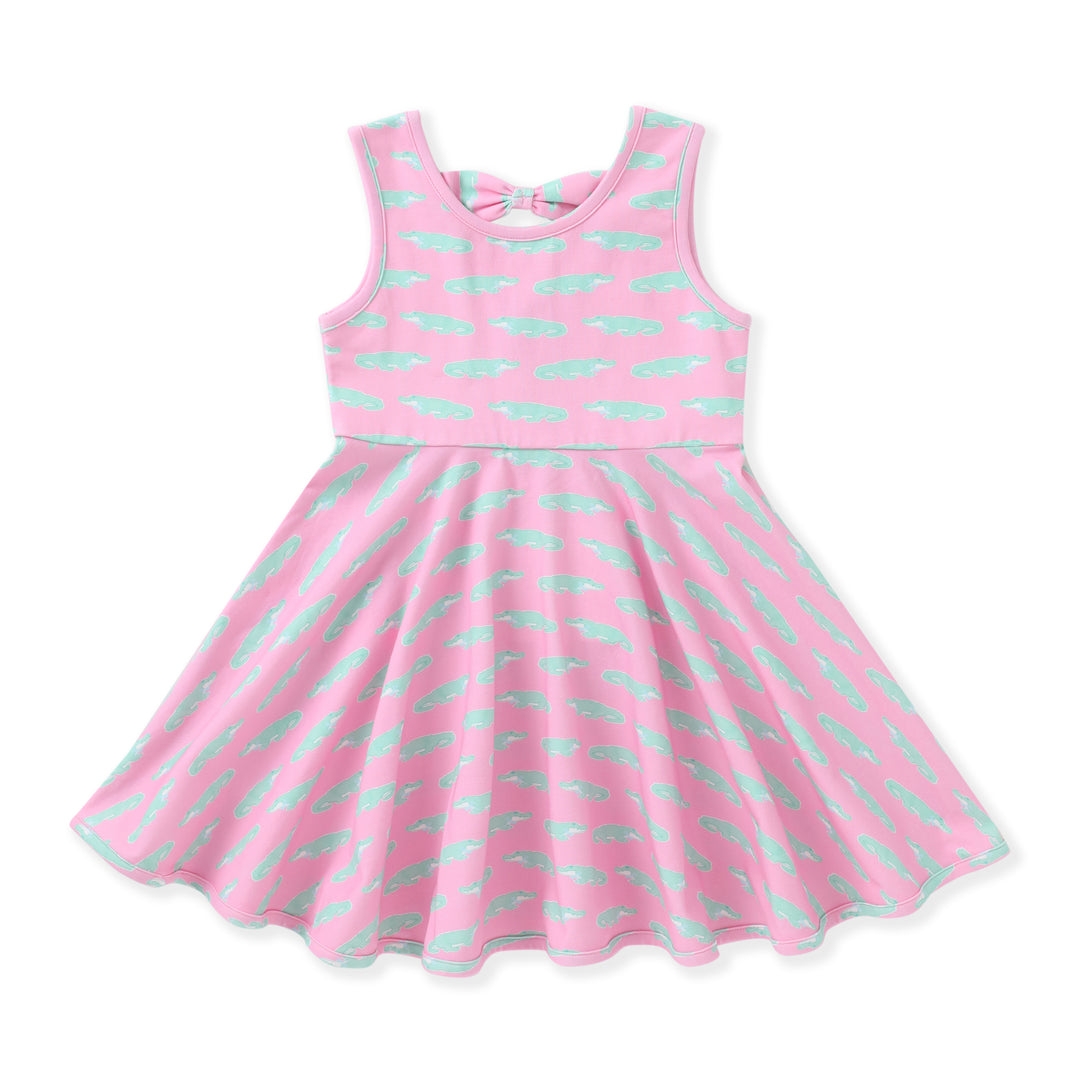 Pink dress with light blue stripes on a white background