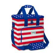 Red, white, and blue insulated cooler bag with striped body, star-patterned straps, top handles, and front zip pocket | Walker Boutique