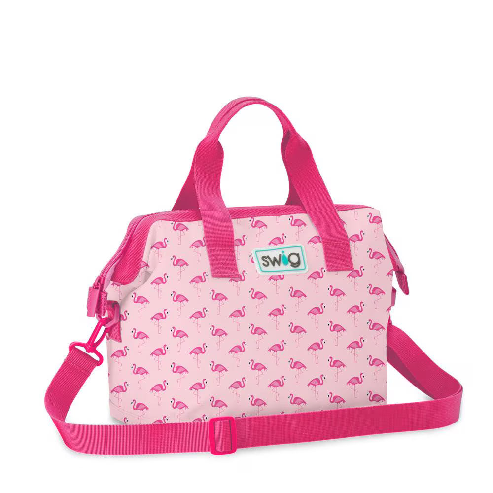 Swig flamingo print insulated lunch tote with pink handles and adjustable shoulder strap. | Walker Boutique