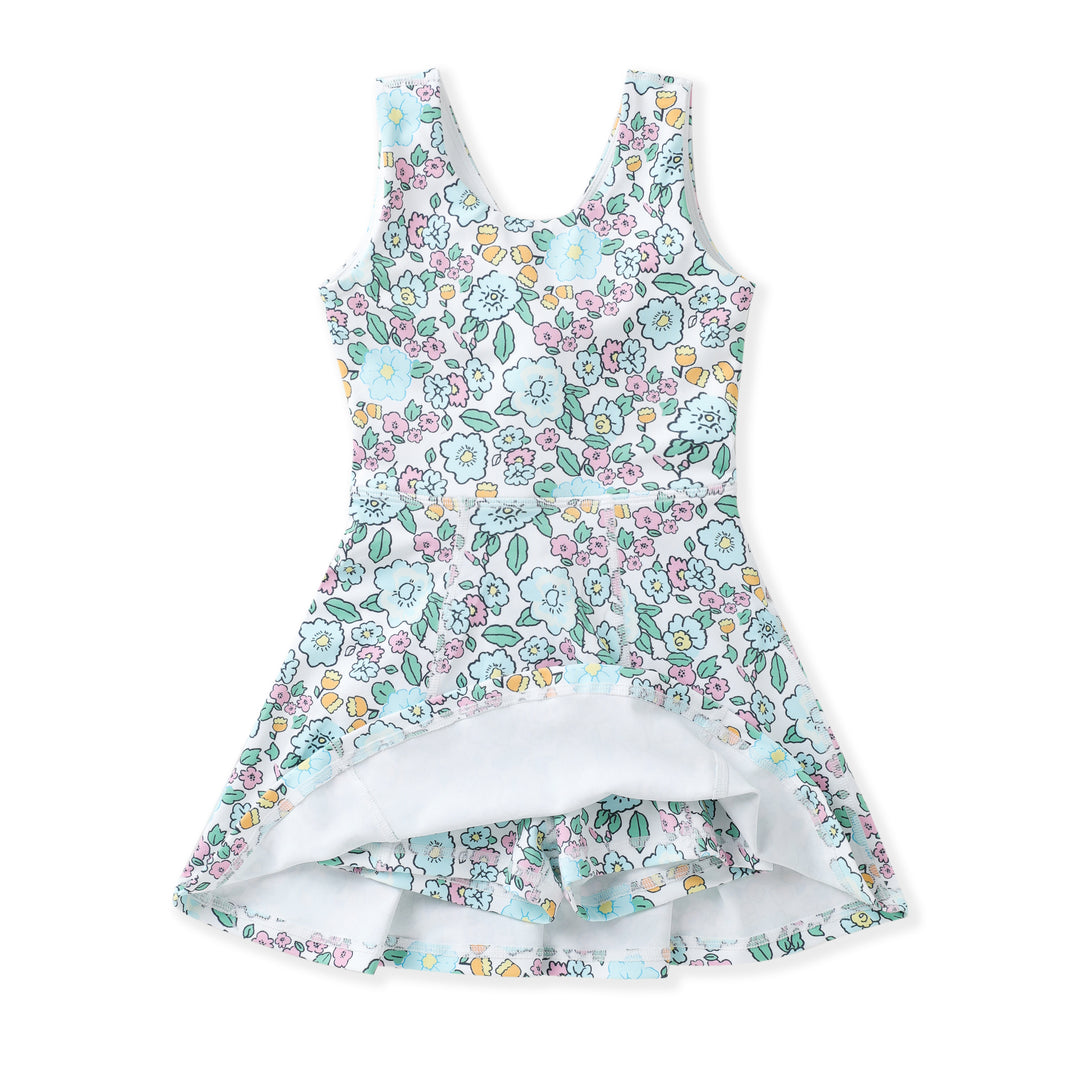 FLORAL PRINT WITH AQUA DETAIL SLEEVELESS DRESS WITH CRISSCROSS BACK STYLED 
DRESS HAS BUILT IN SHORTS