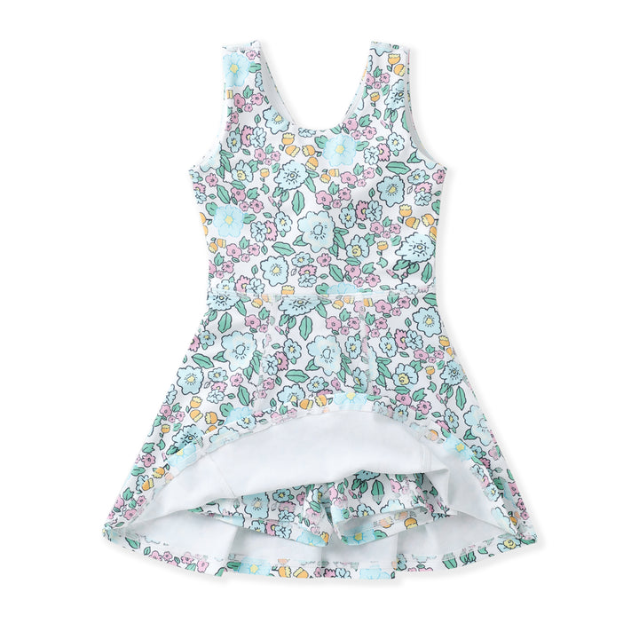 FLORAL PRINT WITH AQUA DETAIL SLEEVELESS DRESS WITH CRISSCROSS BACK STYLED 
DRESS HAS BUILT IN SHORTS