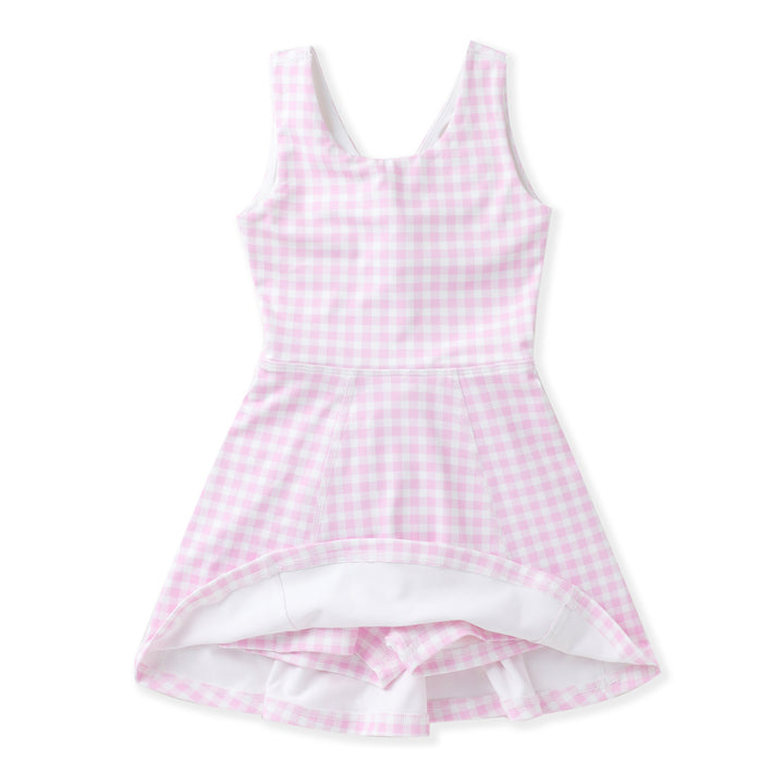 Pink and white checkered dress on a white background