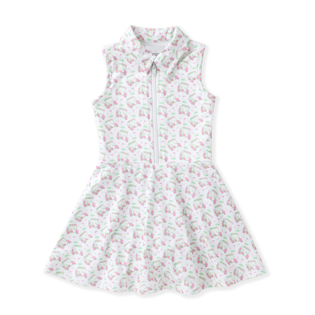 Golf cart patterned sleeveless dress on a white background