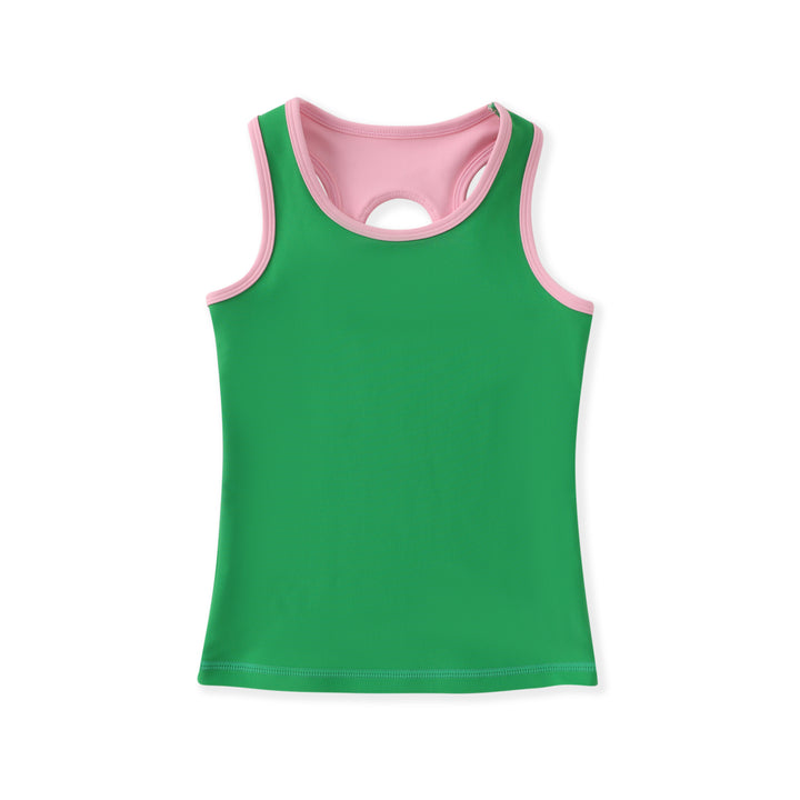 Green tank top with pink trim on a white background