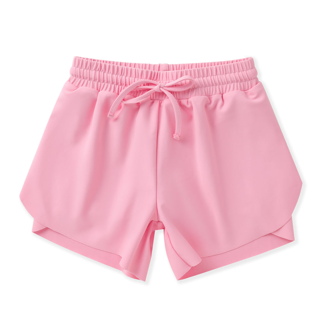 Soft pink butterfly-style shorts
Flowy outer layer with comfortable inner short on white background
