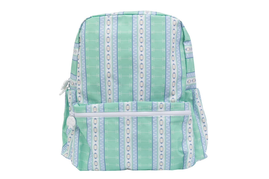 REAR VIEW OF GREEN FOOTBALL PATTERN SMALL BACKPACK ON WHITE BACKGROUND