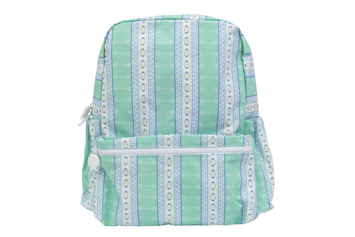 REAR VIEW OF GREEN FOOTBALL PATTERN SMALL BACKPACK ON WHITE BACKGROUND