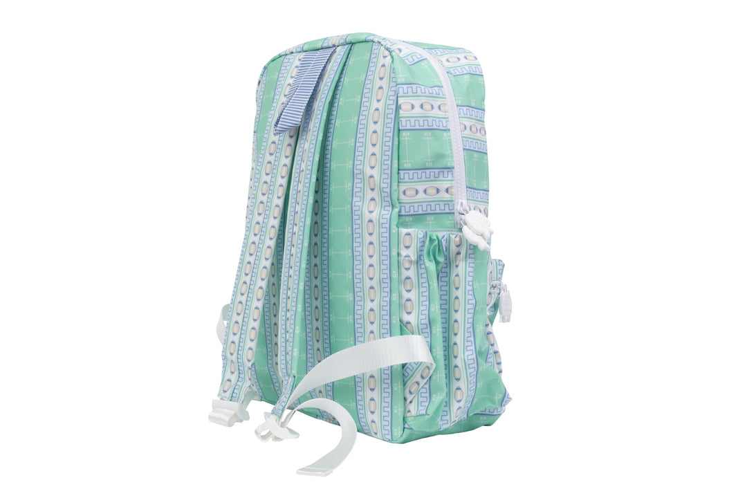 REAR VIEW OF GREEN FOOTBALL PATTERN SMALL BACKPACK ON WHITE BACKGROUND