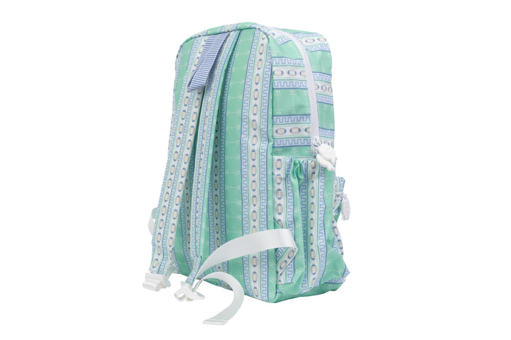 REAR VIEW OF GREEN FOOTBALL PATTERN SMALL BACKPACK ON WHITE BACKGROUND