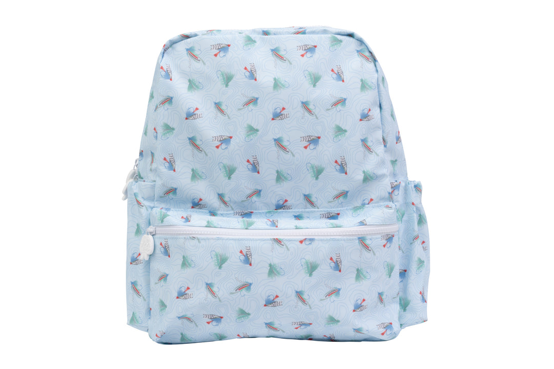 BLUE BACKPACK BAG WITH FLY FISHING FLIES PRINTED ALL OVER ON WHITE BACKGROUND