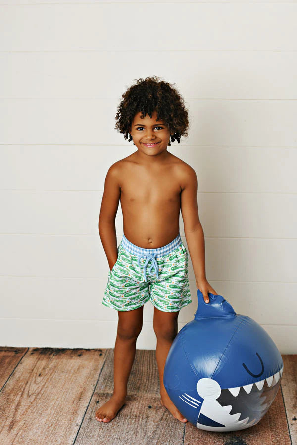 GINGHAM GATOR BOYS SWIM TRUNKS