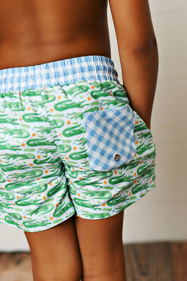 GINGHAM GATOR BOYS SWIM TRUNKS