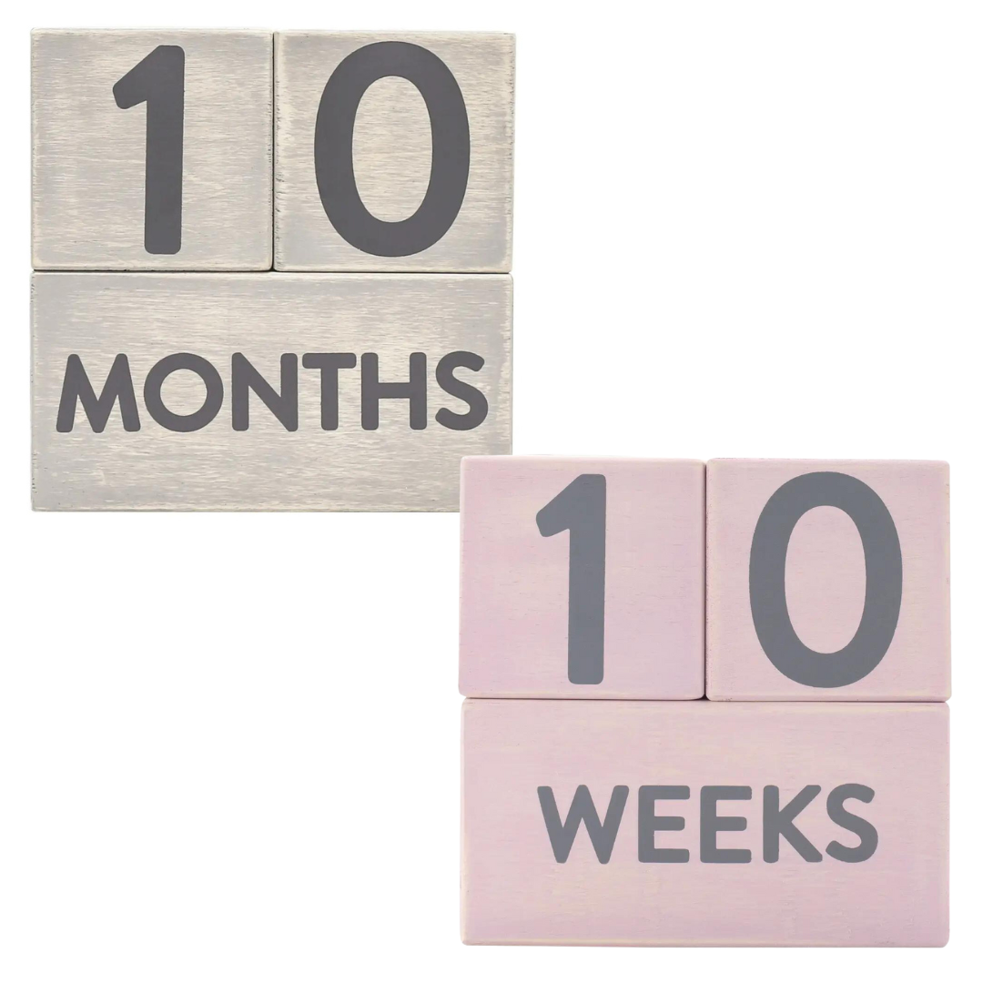 milestone blocks with weeks, months, grade in pink & grey