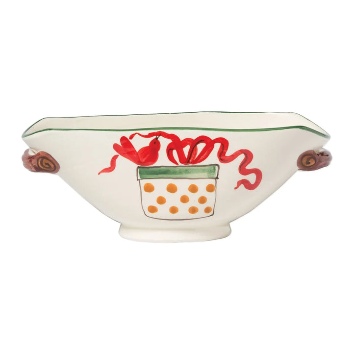 OLD ST. NICK HANDLED OVAL BOWL WITH PRESENTS