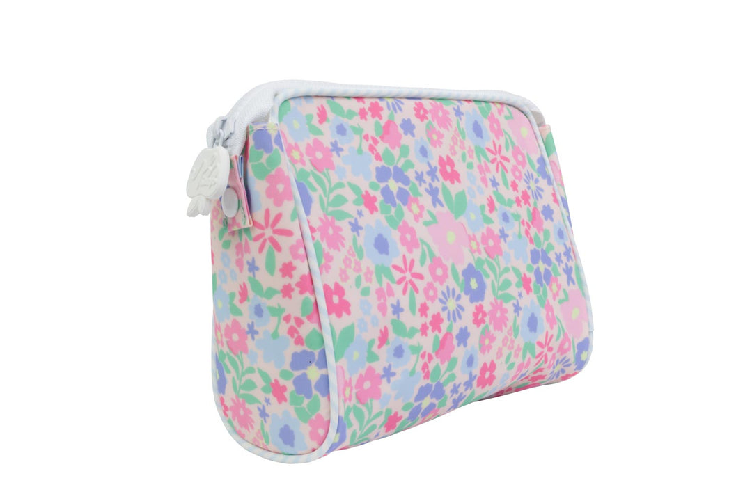 WHITE TOILETRY BAG WITH PINK, GREEN, PURPLE AND BLUE FLORAL PRINT ALL OVER ON WHITE BACKGROUND