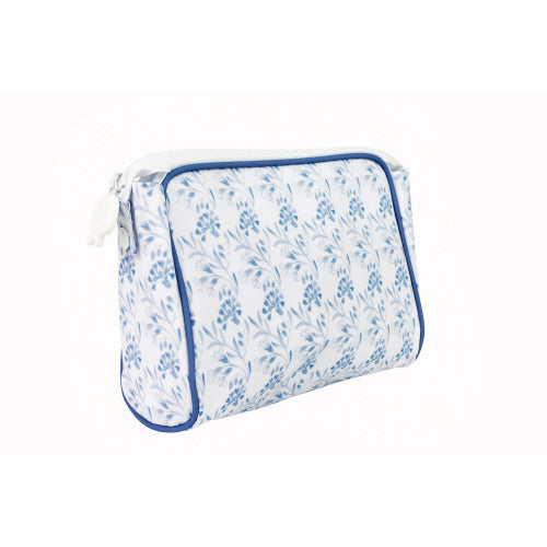 SMALL TOILETRY BAG WITH NAVY FLORAL PRINT ALL OVER WHITE BACKGROUND - SIDE VIEW
