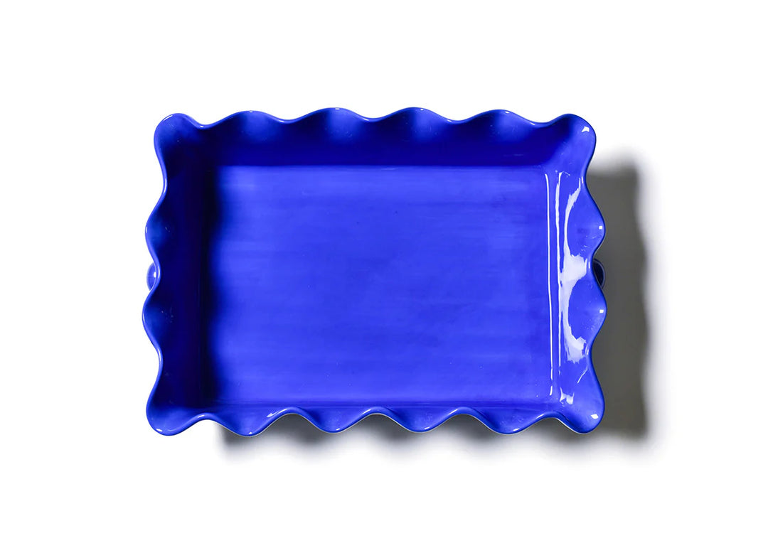 INTERIOR VIEW OF BLUE CASSEROLE DISH