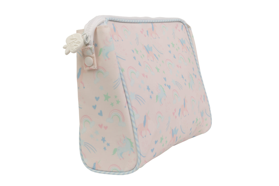 LIGHT PINK TOILETRY BAG WITH UNICORNS AND RAINBOWS ALL OVER ON WHITE BACKGROUND SIDE VIEW