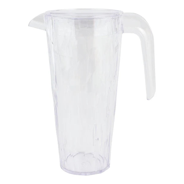 Clear plastic pitcher on a white background