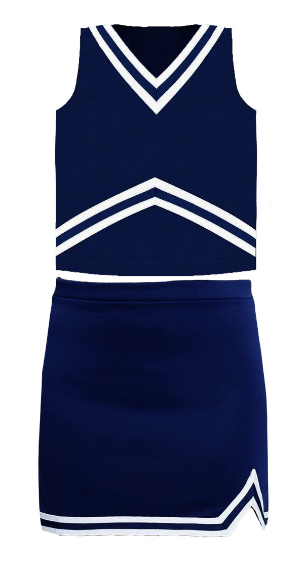 Navy blue cheerleader outfit with white accents on a white background