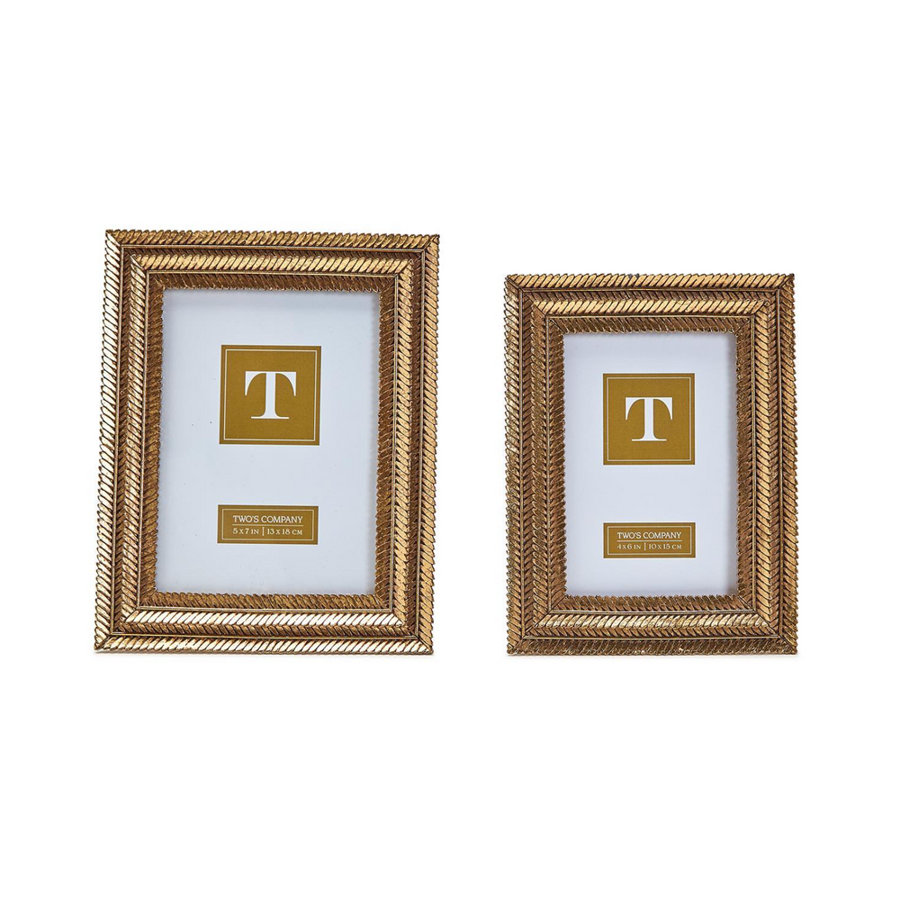 two gold picture frames in 2 sizes