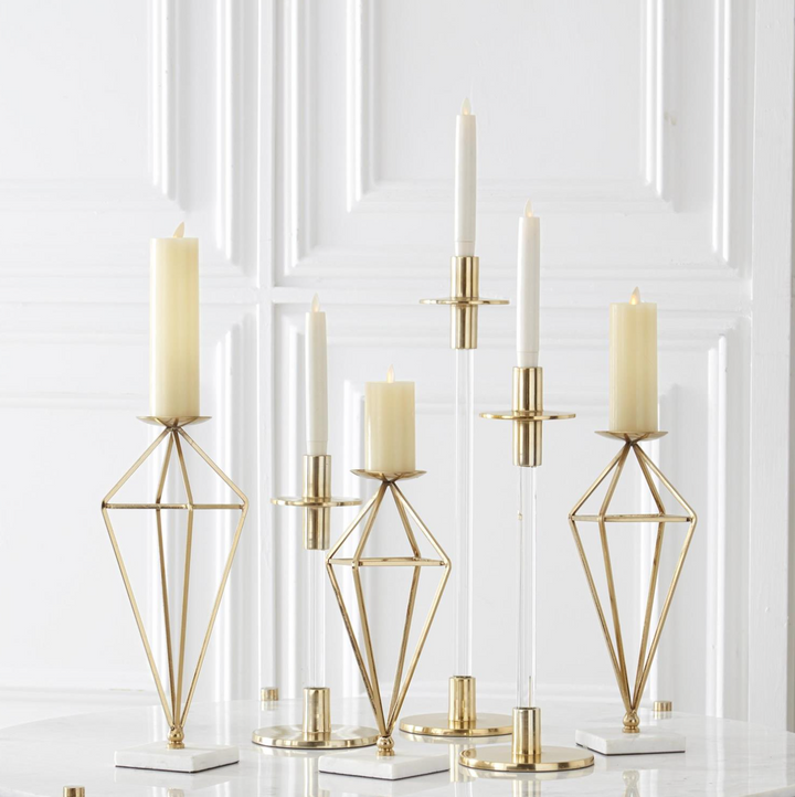 CLEAR ACRYLIC & GOLD METAL SLENDER TAPER CANDLEHOLDER