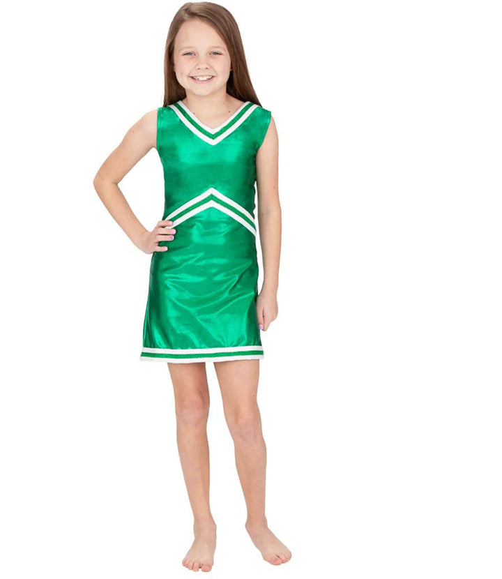 Girl wearing a green dress with white accents on a white background