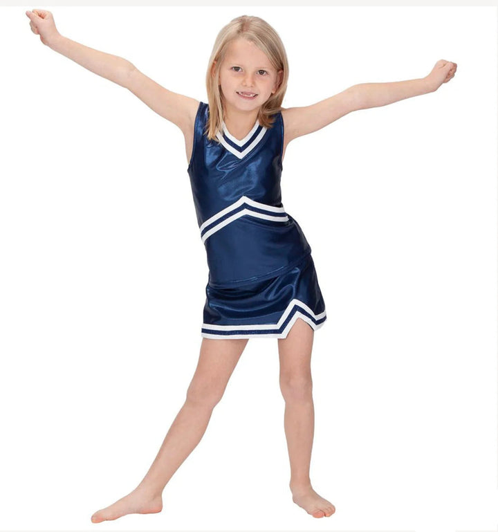 Young girl wearing a blue cheerleader outfit with white accents on a white background