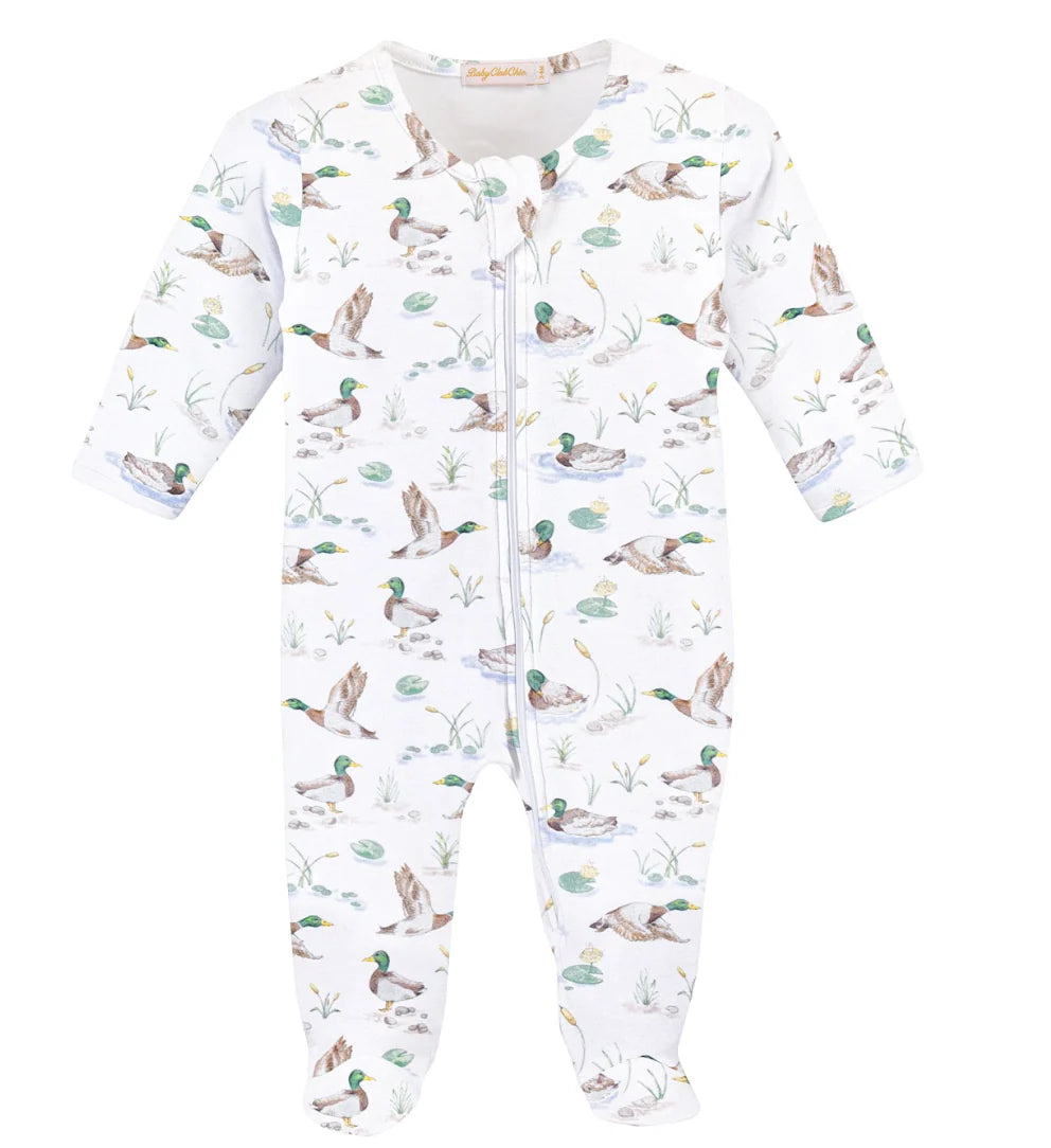 WHITE ZIPPER FOOTIE ONE PIECE WITH MALLARD DUCKS PRINTED ALL OVER