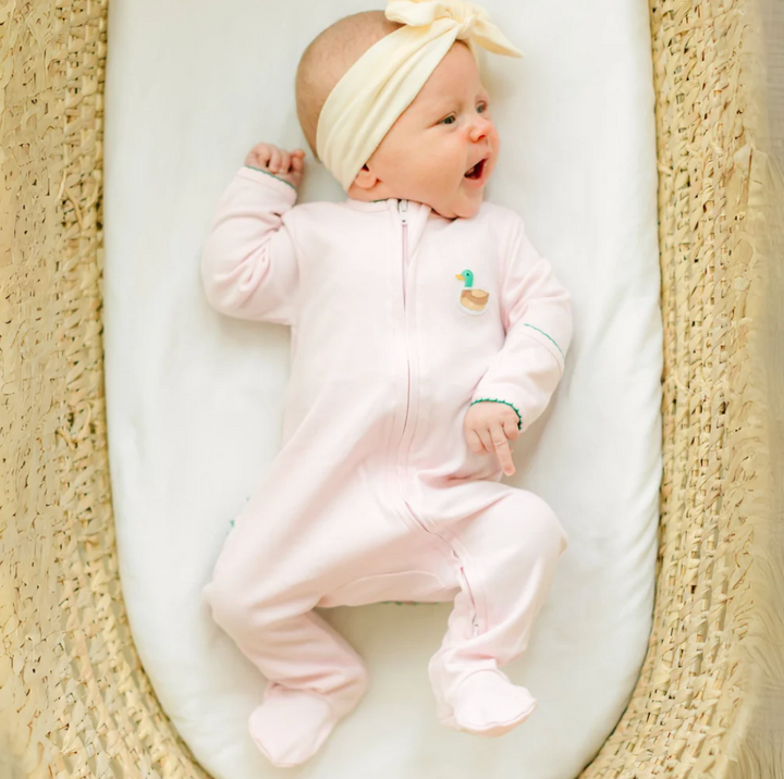 MINI MALLARD EMBROIDERED PINK RUFFLE ZIPPER FOOTIE