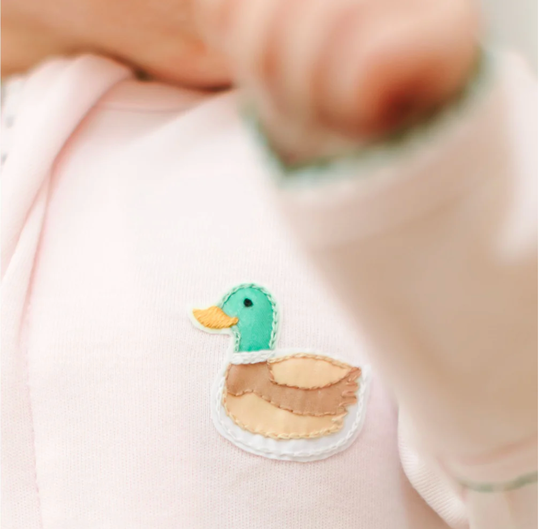 MINI MALLARD EMBROIDERED PINK RUFFLE ZIPPER FOOTIE