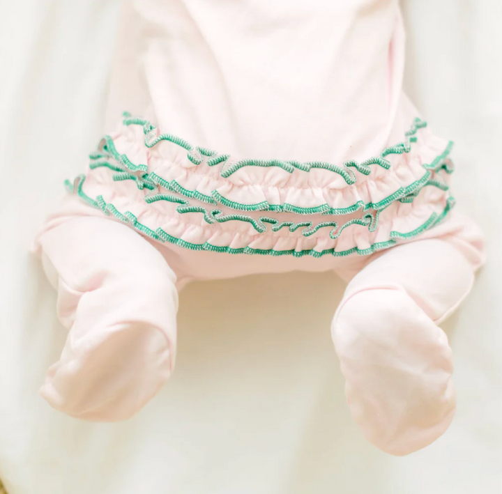 MINI MALLARD EMBROIDERED PINK RUFFLE ZIPPER FOOTIE