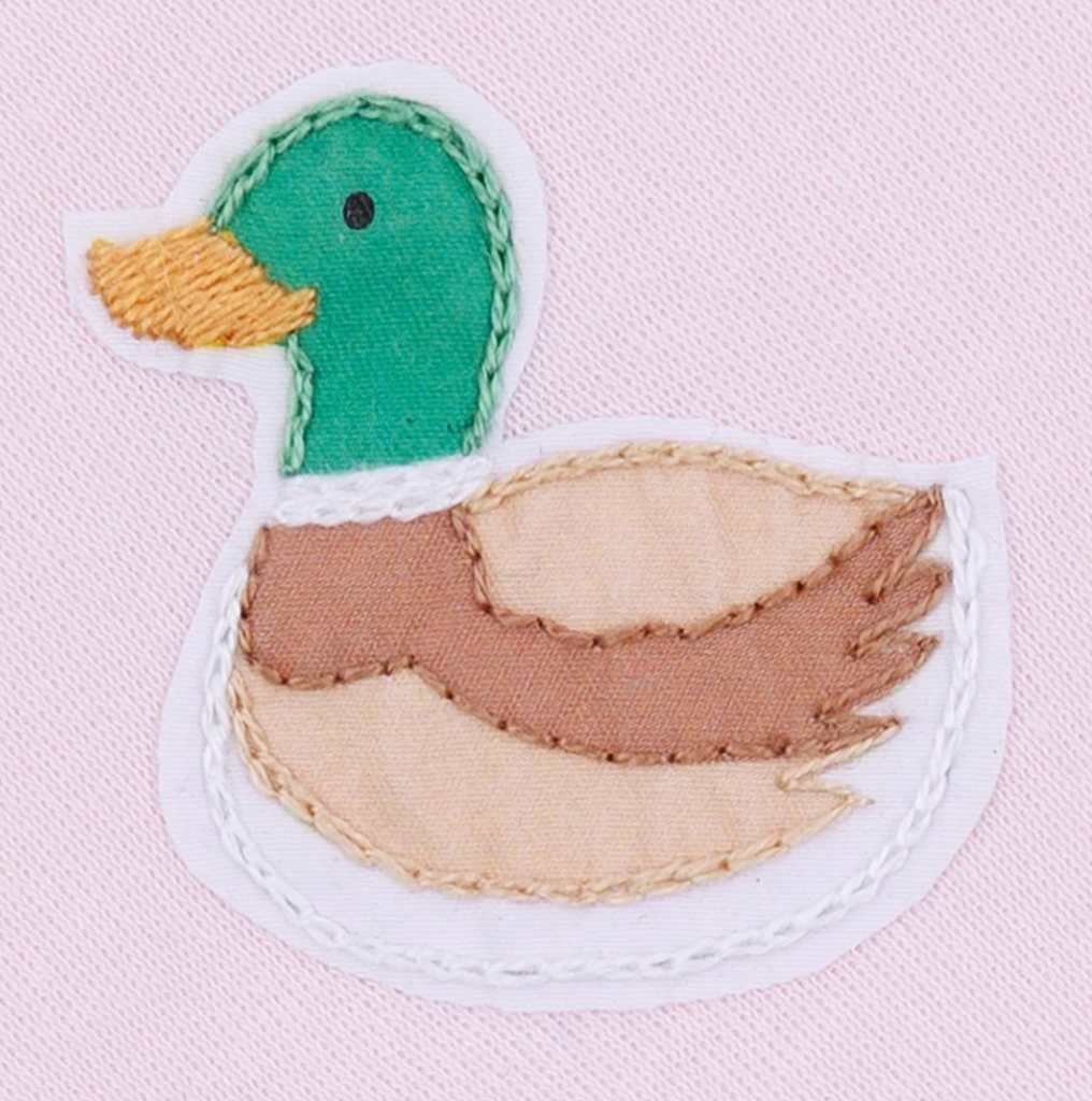 MINI MALLARD EMBROIDERED PINK RUFFLE ZIPPER FOOTIE