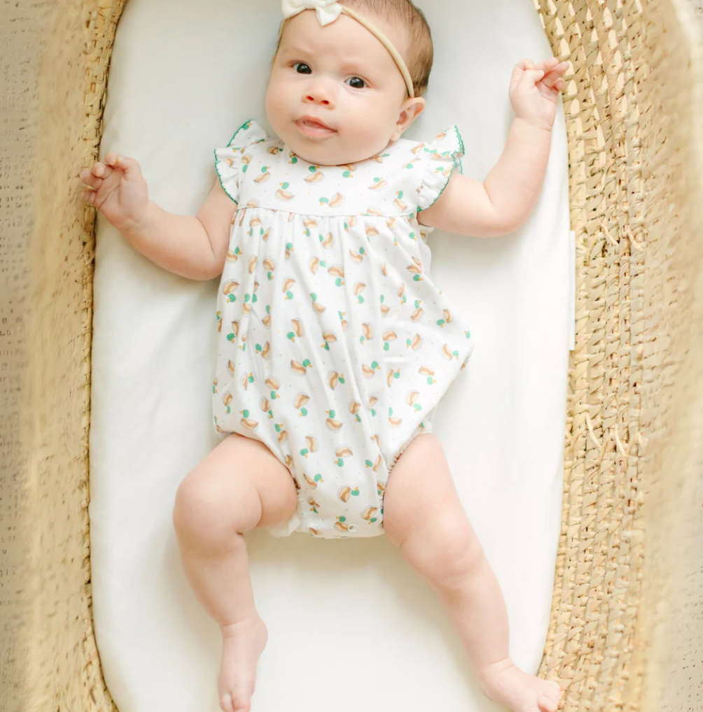 Mini Mallard Print Baby Girls Flutter Bubble Romper – Classic Mallard Duck Outfit