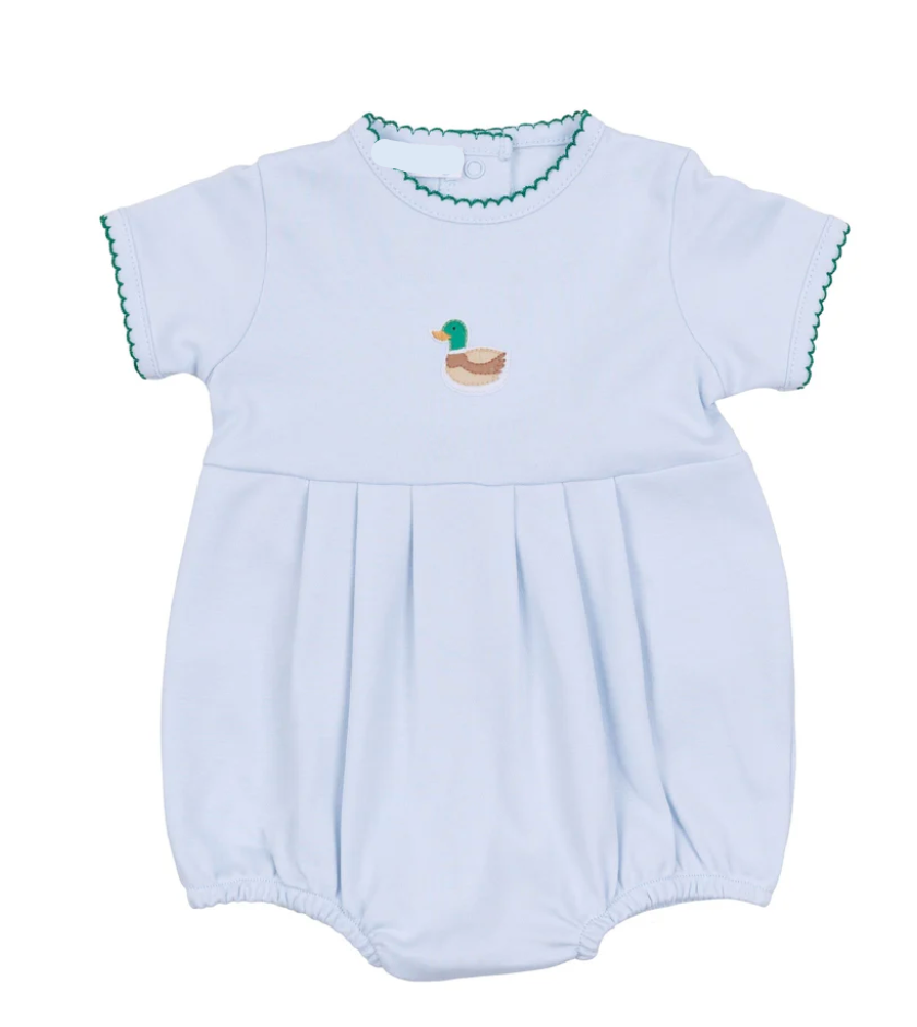 Mini Mallard Embroidered Blue Bubble – Baby Boy Mallard Duck Romper Outfit