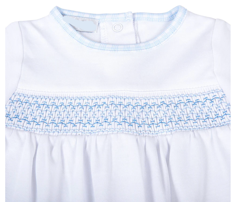 NEW BEGINNINGS BLUE SMOCKED FOOTIE