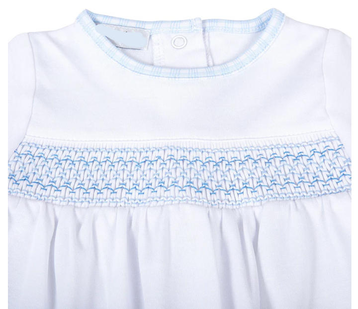 NEW BEGINNINGS BLUE SMOCKED FOOTIE