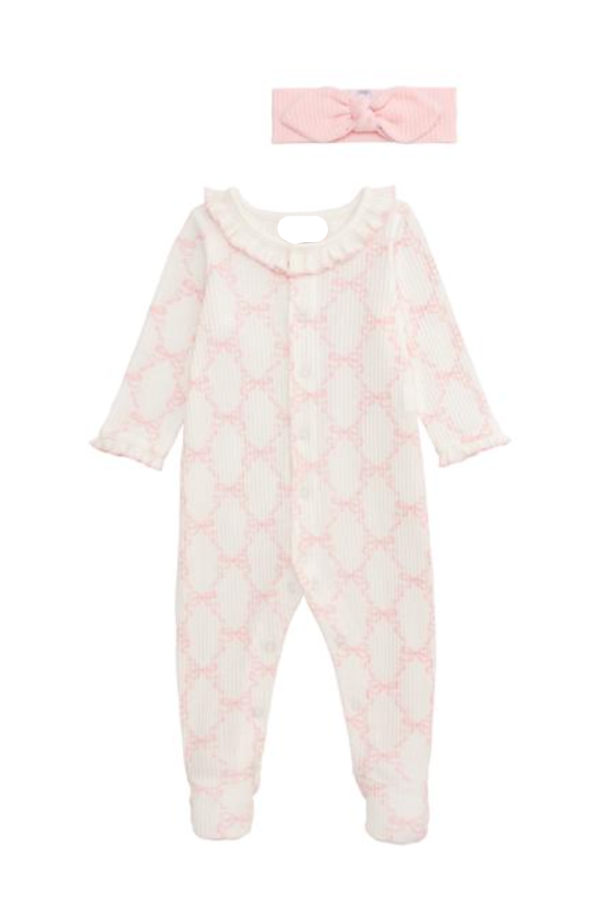 Bow Print Ribbed Footie & Headband Set – Baby Girl Newborn Outfit with Matching Headband | Walker Boutique