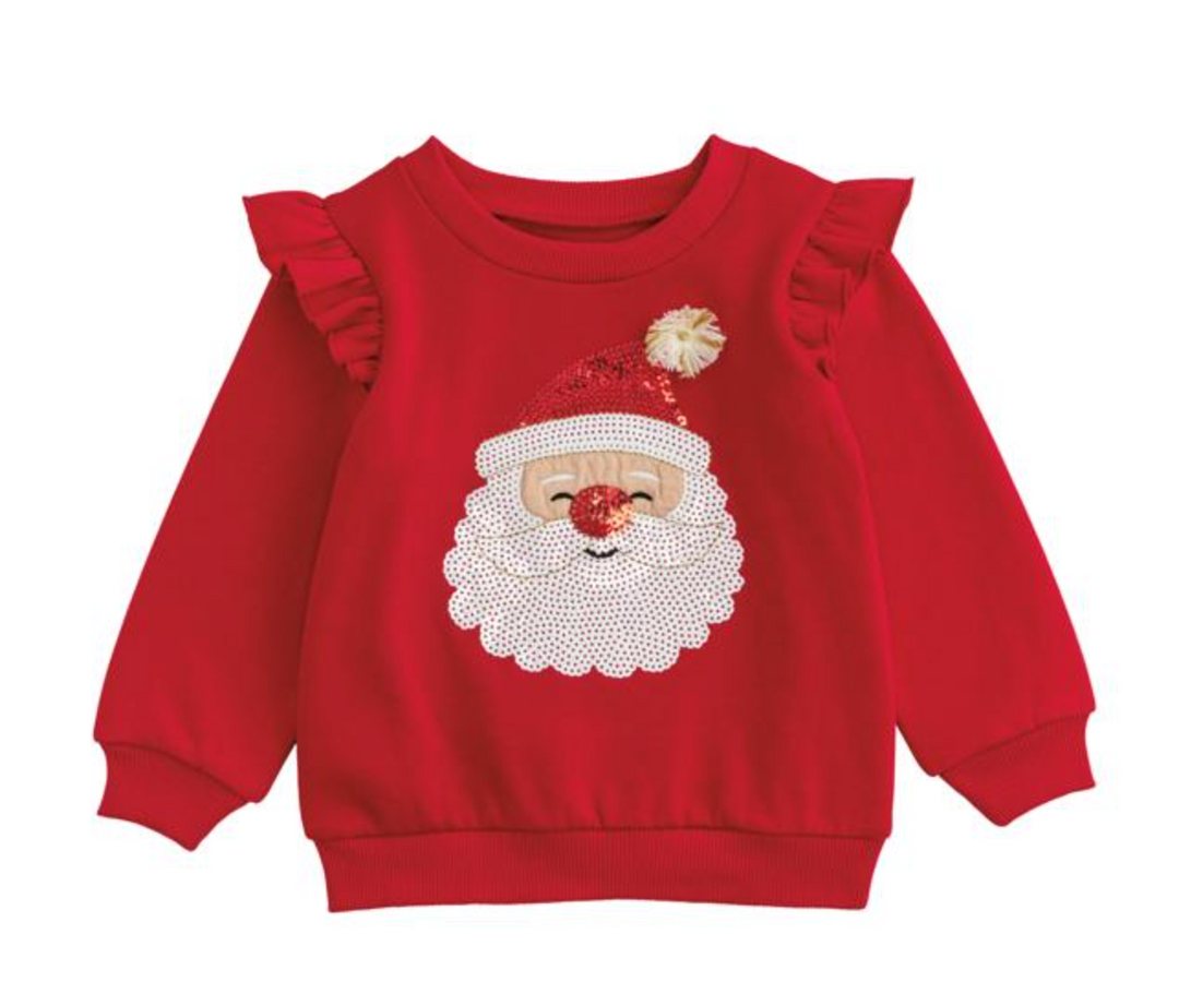 Santa Sequin Ruffle Shoulder Sweatshirt – Girls Christmas Top with Festive Sequin Design | Walker Boutique
