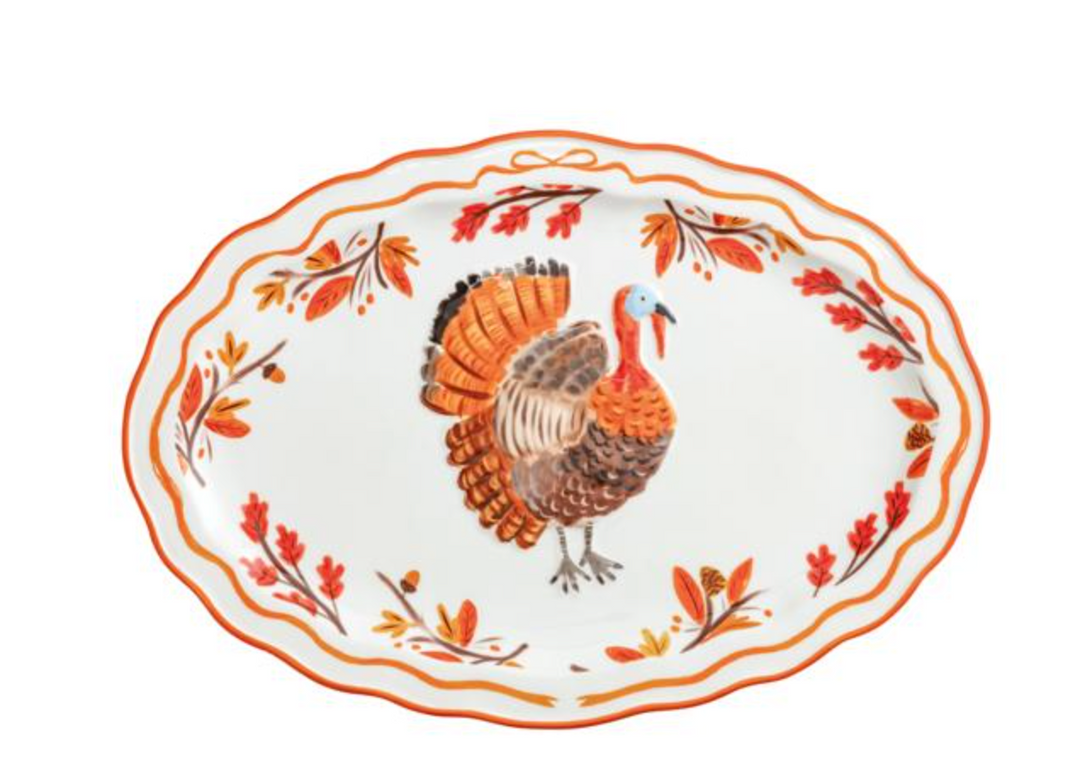 Scalloped & Hand-Painted Turkey Platter – Thanksgiving Serving Dish with Fall Design | Walker Boutique