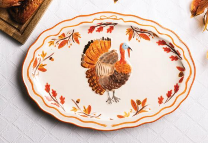 Scalloped & Hand-Painted Turkey Platter – Thanksgiving Serving Dish with Fall Design | Walker Boutique