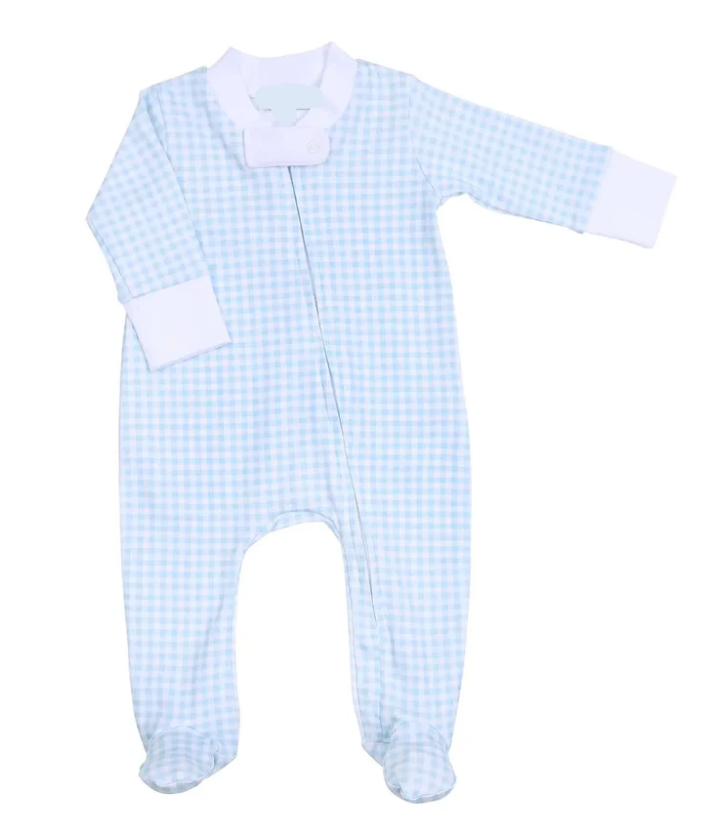 Mini Checks Blue Zipper Footie – Baby Boy One-Piece Pajamas | Walker Boutique