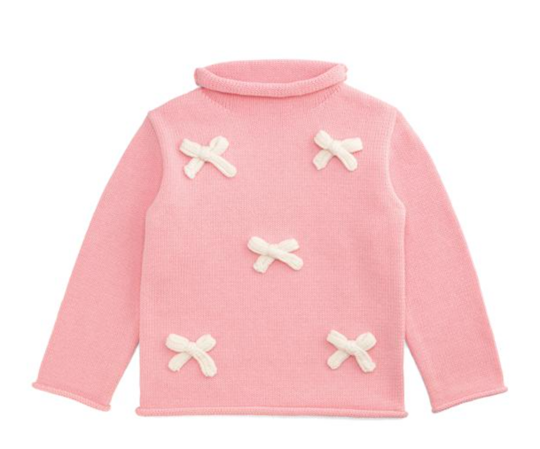 Pink Bow Rollneck Sweater – Classic Girls Knit Sweater with Bow Detail | Walker Boutique
