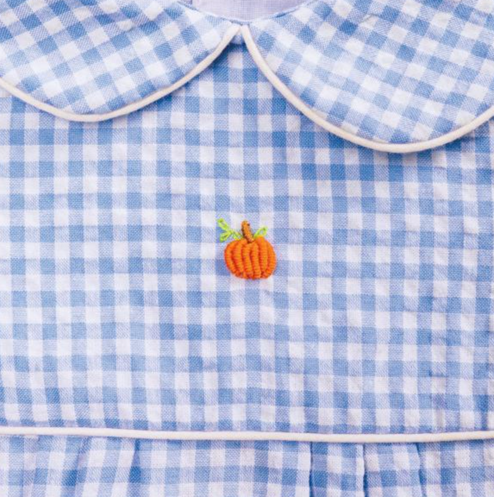 Gingham Blue Pumpkin Bubble – Baby Boy Fall Outfit with Pumpkin Design | Walker Boutique