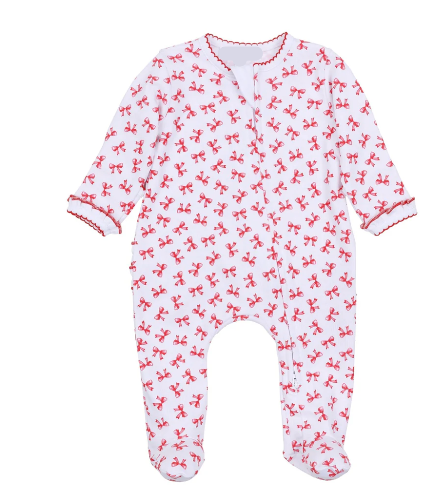 Scarlett Bows Print Zip Footie – Baby Girl One-Piece Pajamas with Bow Design | Walker Boutique