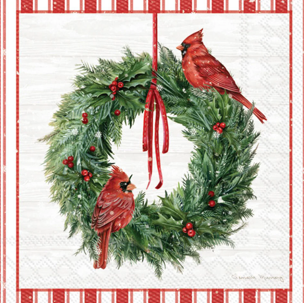 Countryside Cardinal Wreath Cocktail Napkin – Festive Holiday Party Napkins with Cardinal Design | Walker Boutique