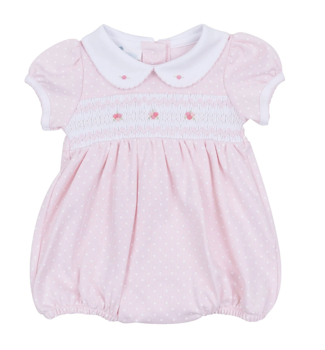 Mia & Luca's Pink Smocked Collared Bubble – Classic Baby Girl Outfit with Smocked Detail | Walker Boutique