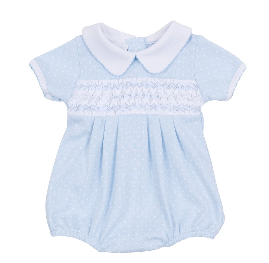 Mia & Luca's Blue Smocked Collared Bubble – Classic Baby Boy Outfit with Smocked Detail | Walker Boutique
