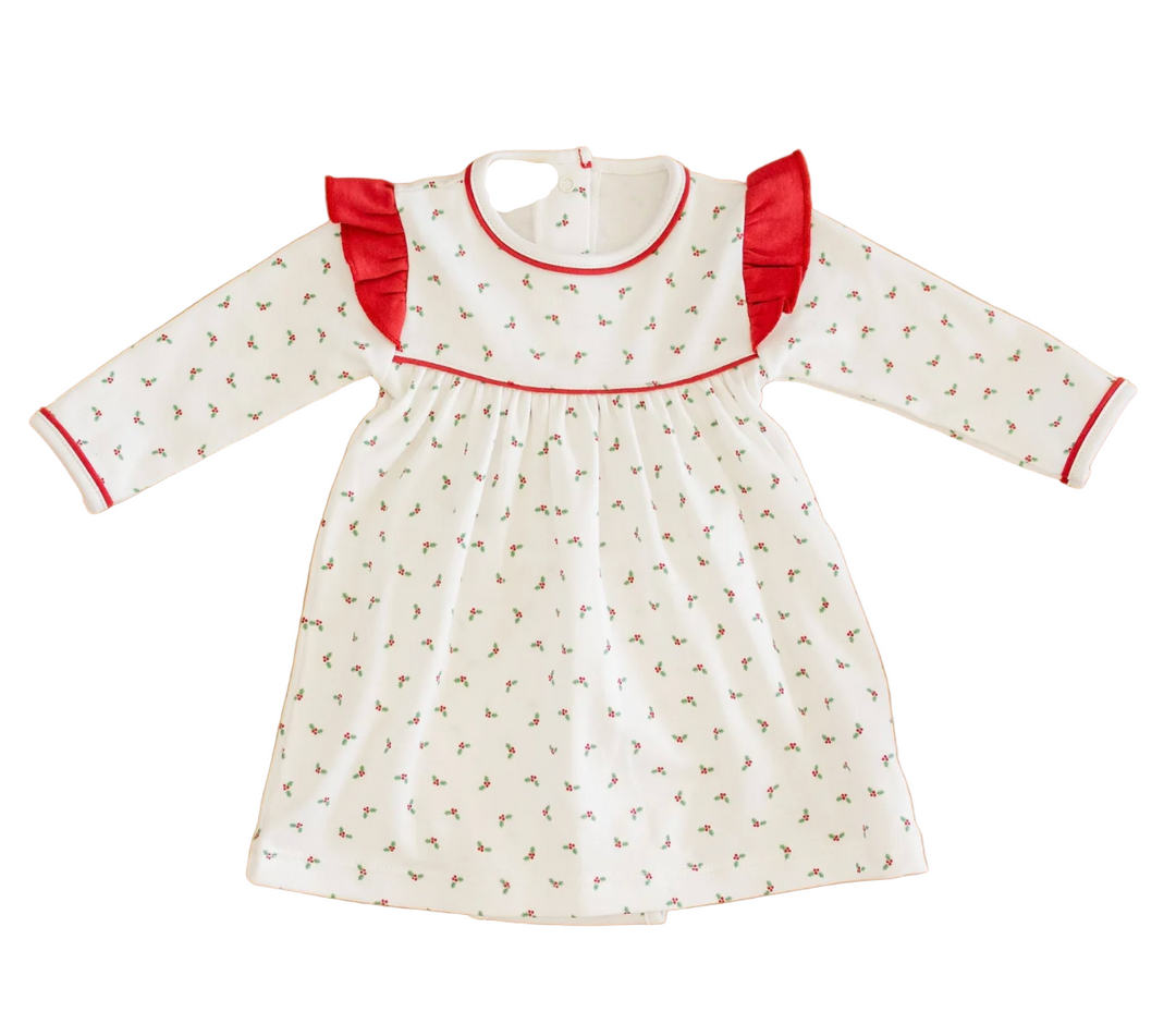 Winter Berries Long Sleeve Dress Set – Classic Holiday Baby Dress with Bloomers and Berry Print | Walker Boutique