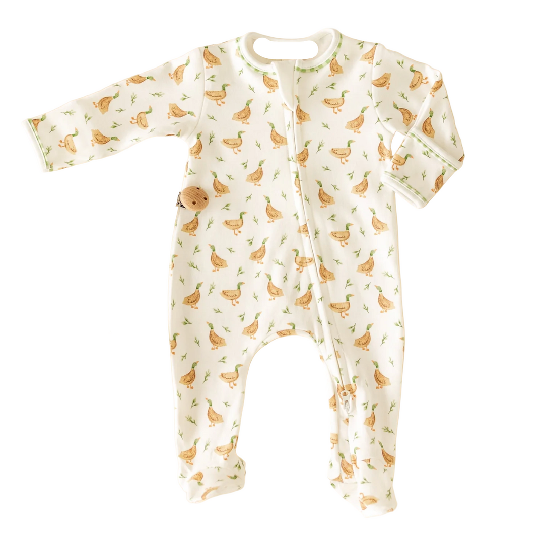 Meadowland Mallards Ivory Bamboo Zipper Footie – Soft Bamboo Baby Footed Pajamas with Mallard Duck Print | Walker Boutique